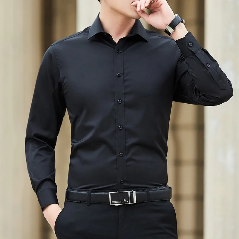 Plus Size Men’s Solid Color Business Casual Shirt, Classic Slim Fit Long Sleeve White Shirt