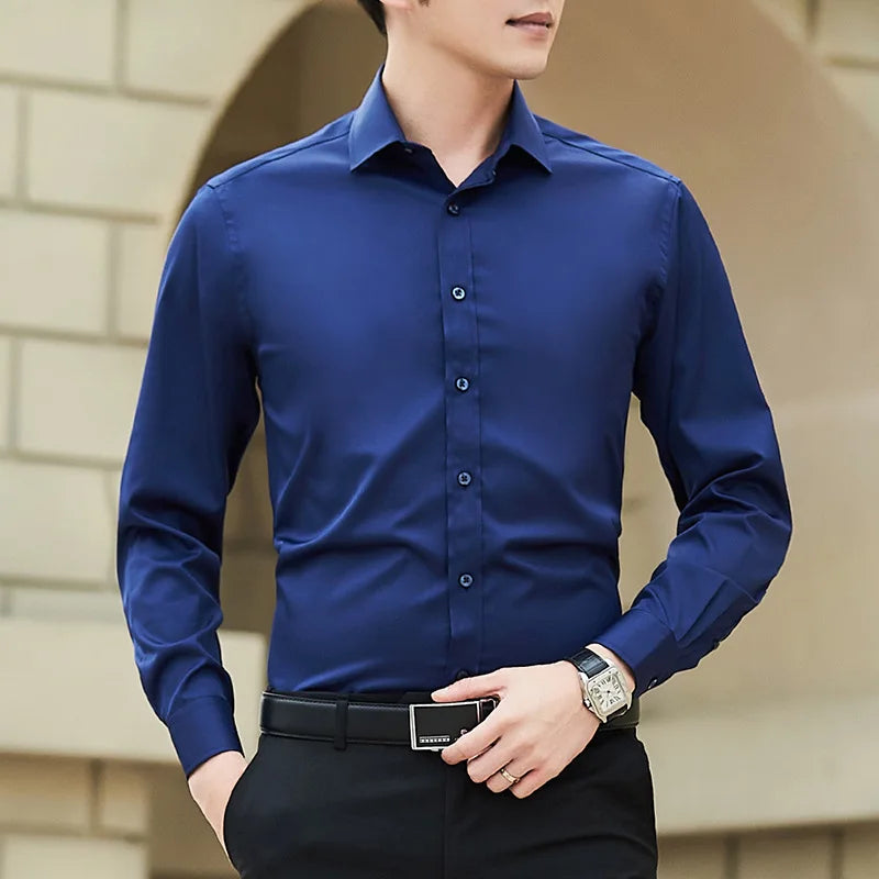 Plus Size Men’s Solid Color Business Casual Shirt, Classic Slim Fit Long Sleeve White Shirt