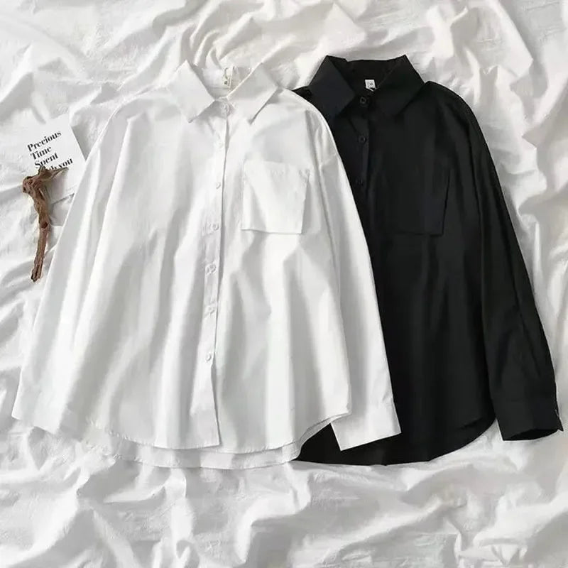 Japanese Style Oversized White Shirt for Women, Loose Long Sleeve Preppy Blouse with Pocket