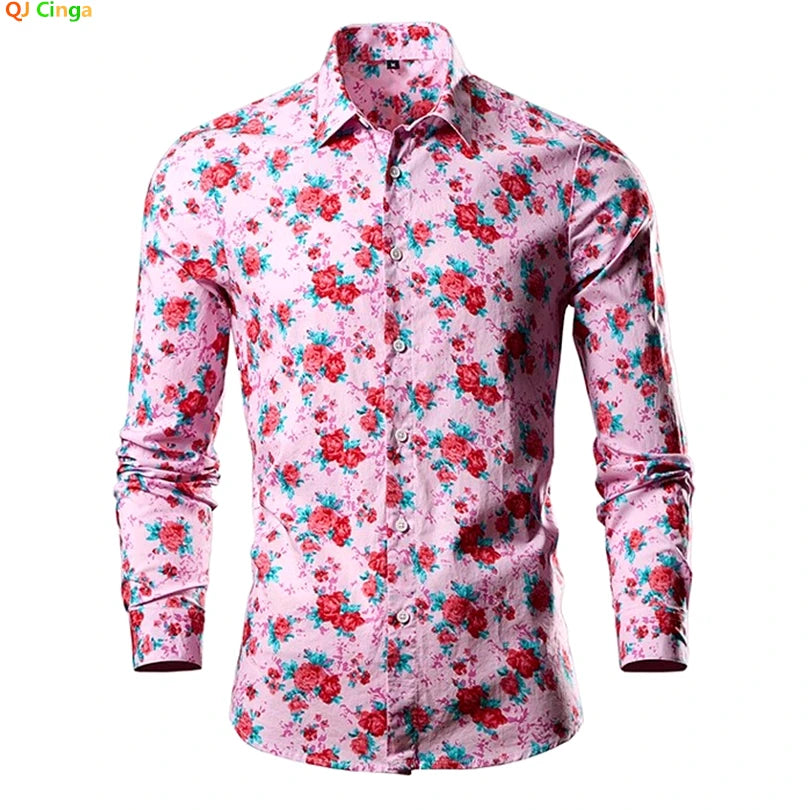 2026 New Men's Pink Long Sleeve Cotton Shirt, Single Row Button Lapel Printed Shirts, Asian Sizes M-6XL Suitable for All Season
