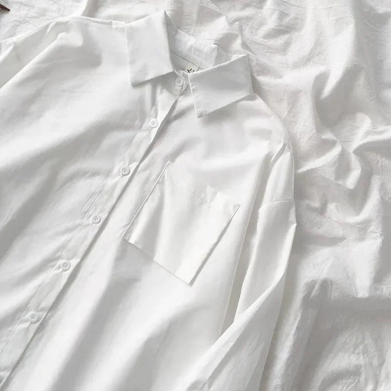 Japanese Style Oversized White Shirt for Women, Loose Long Sleeve Preppy Blouse with Pocket