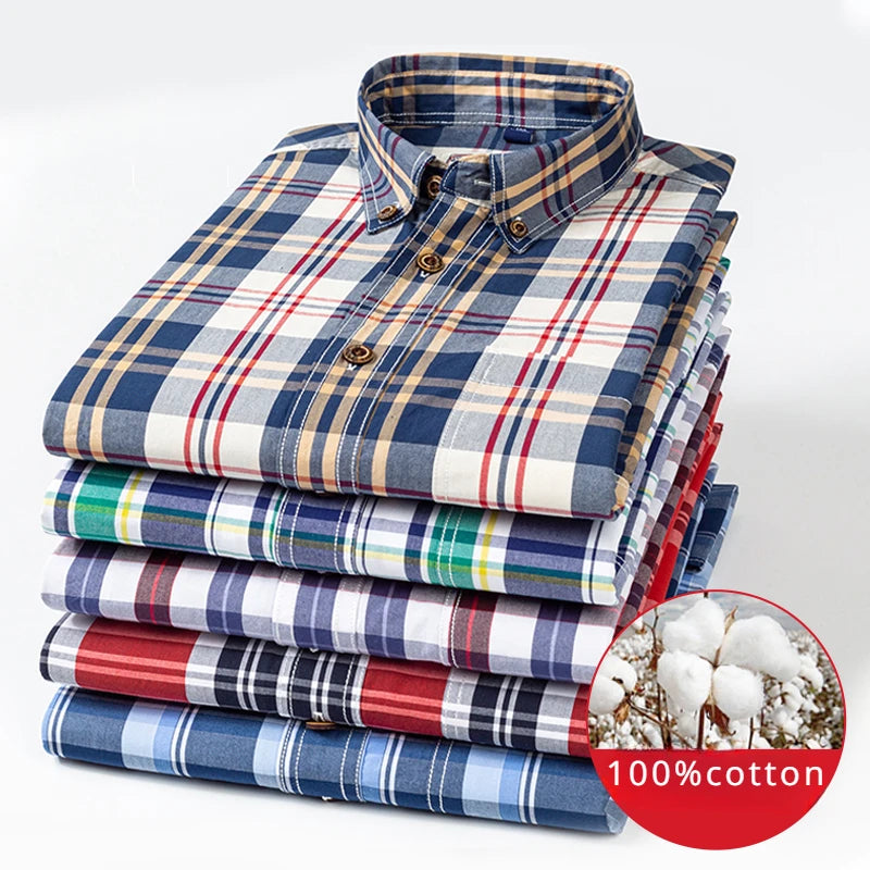 High-Quality 100% Cotton Men’s Plaid Long Sleeve Shirt, Slim Fit Formal Casual Office Top