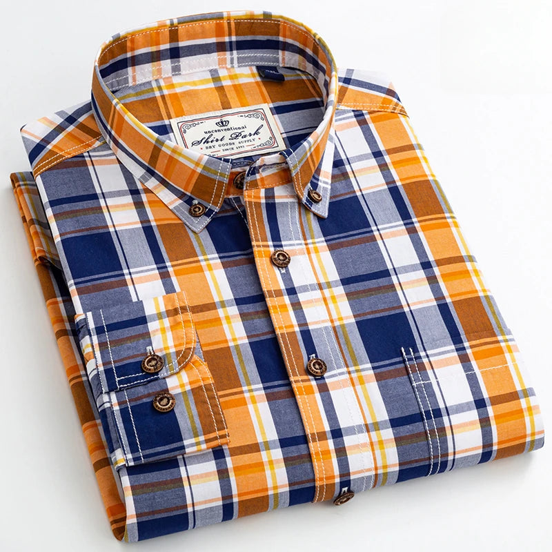 High-Quality 100% Cotton Men’s Plaid Long Sleeve Shirt, Slim Fit Formal Casual Office Top
