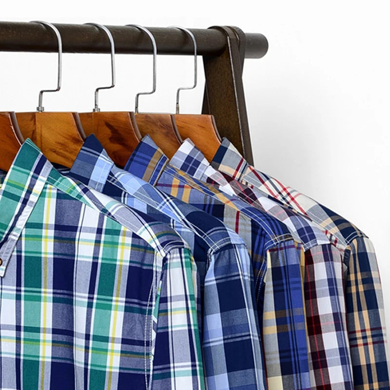 High-Quality 100% Cotton Men’s Plaid Long Sleeve Shirt, Slim Fit Formal Casual Office Top
